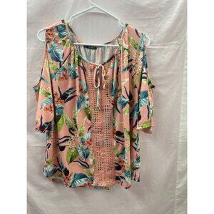 Storybuk Women's Size XL Peach Tropical Cut out Shoulder Short Sleeve Blouse